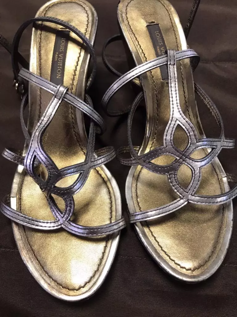 Louis Vuitton METALLIC STRAPPY WOOD SANDALS SIZE 34 1 2. USED