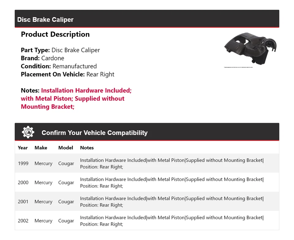 For 1999-2002 Mercury Cougar Disc Brake Caliper Rear Right Cardone 2000 2001 - Imagem 2 de 4