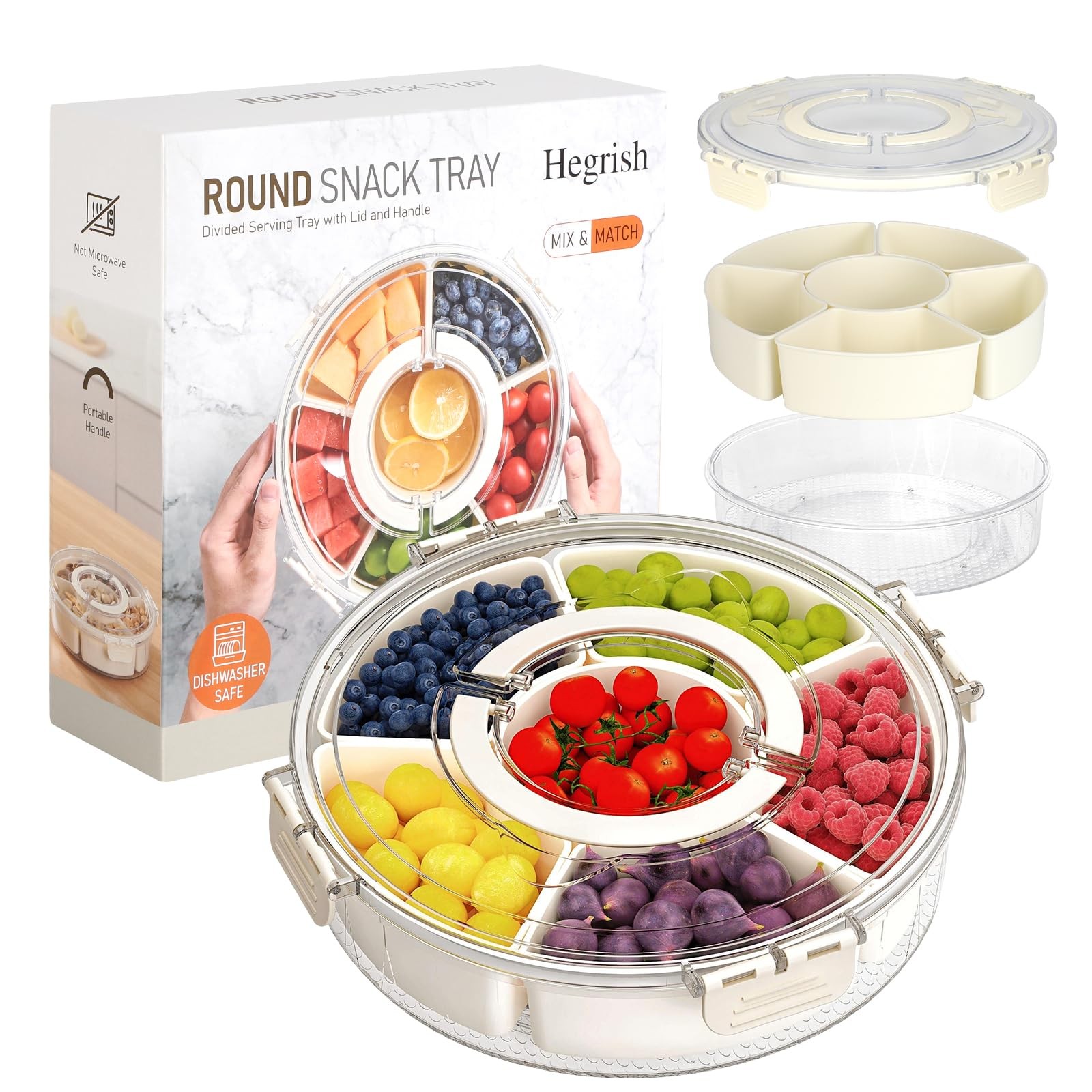 Divided Rotating Snack Tray with Lid and Handle – Portable Snack Container  