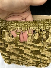 Woven Trim Fringe 23 Yards sage olive Green Gold Tassel Tied