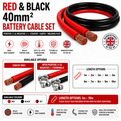 300Amp 40mm Batteriekabel Rot Schwarz Kupfer Erde Starter Schweißen 1m-10m