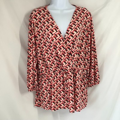 Et Vous Matalan rosa geometrisches Wickeltop Größe 20 V-Ausschnitt Langarm Schößchen Bluse