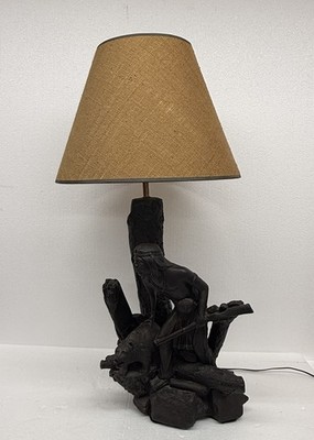 Vintage Apsit Bros Native American Hunter & Bear Sculpture Plaster Accent Lamp  