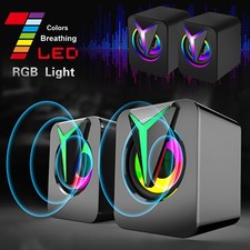 2 Speakers RGB Light LED Speakers Deep Bass PC Gaming Surround Sound System UK