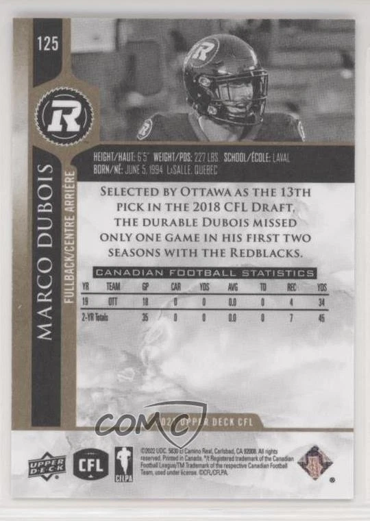 2021 Upper Deck CFL Gold /50 Marco Dubois #125 - Image 2 of 2