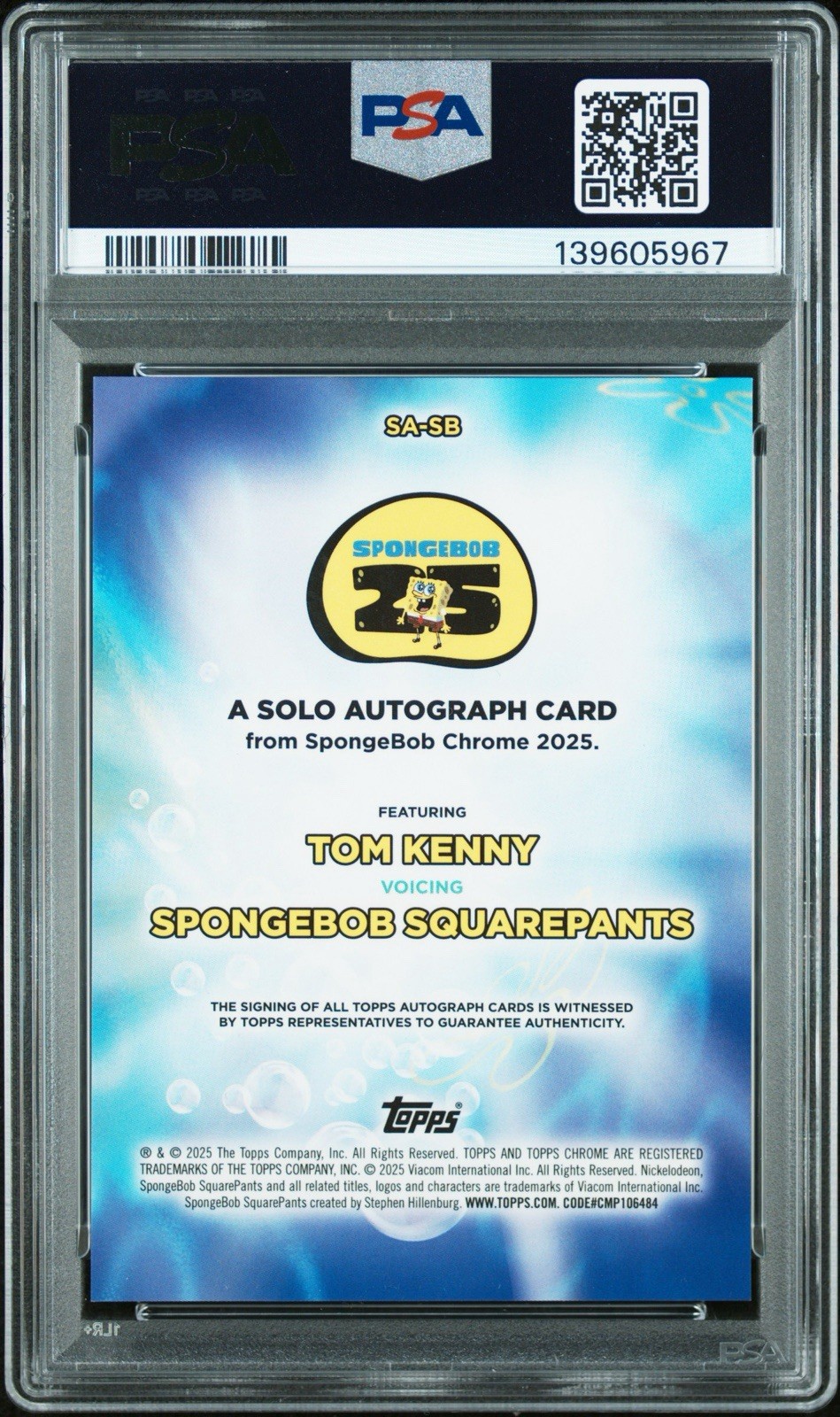 2025 Topps Chrome SpongeBob SquarePants Tom Kenny Solo Auto SSP MINT PSA 9 view 2