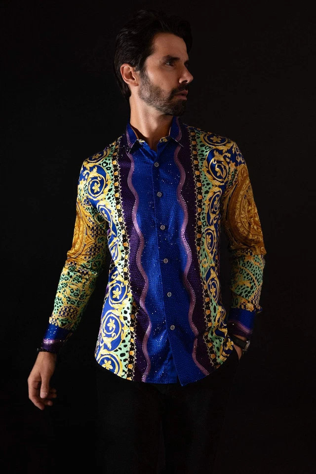 BARABAS Men's Rhinestone Medusa Floral Baroque leopard Shirt 2SPR221