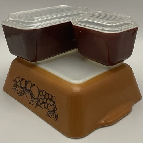 Pyrex Old Orchard 5pc Refrigerator Dish Set 1974-78 USA 501(L) 502(L) 503-No Lid