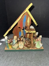 Vintage Nativity Set Attached 9 Figures Wood Creche Manger Scene Trimont Ware