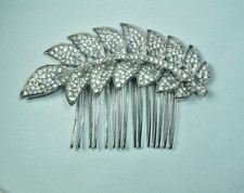 VINTAGE RHINESTONE LEAF SILVER TONE METAL HAIR COMB