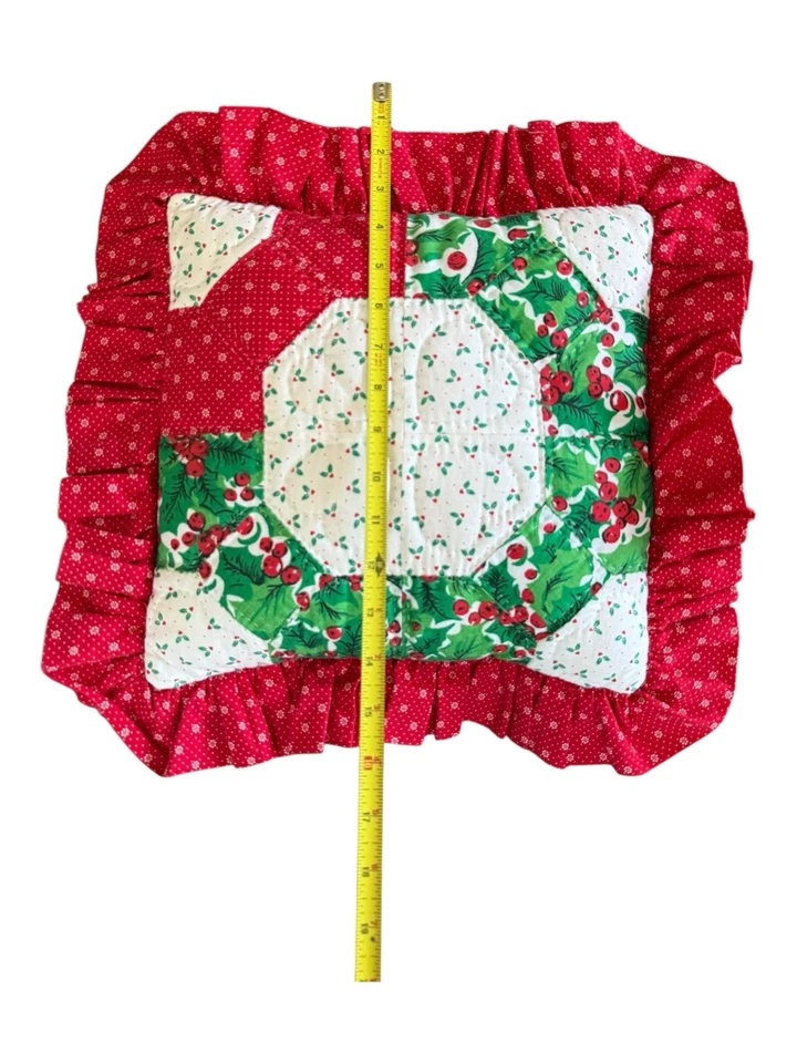 Vintage Homemade Christmas Patchwork Pillow Holly Red Green  Bow Grandma Core - Image 4 of 4