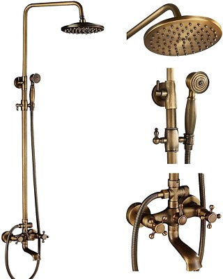 Antique Brass Exposed Shower System Set 8 in Rainfall Shower Head With Tub Spout