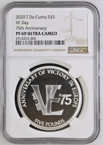 2020 Tristan Da Cunha VE DAY 75th ANNIV S£5 Silver 5 Pounds NGC PF 69 UC TOP POP