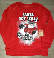 BOYS NEW NWT RED CHRISTMAS SWEATSHIRT size 8-9 SANTA GOT SKILLZ BOARD