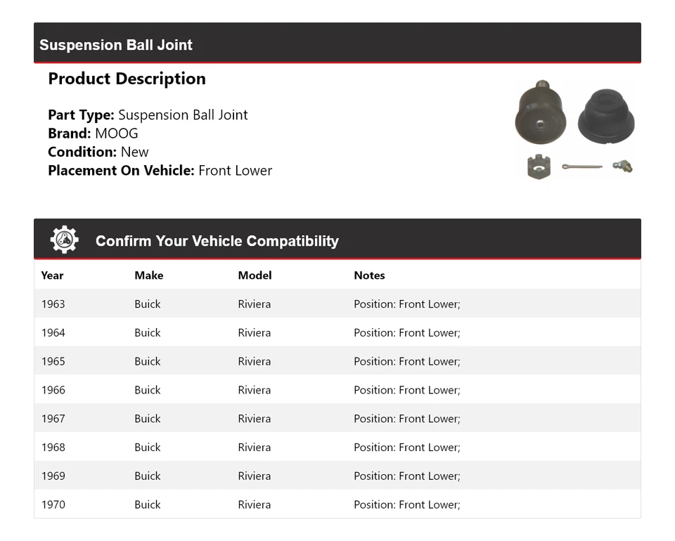 Rótula de suspensión delantera inferior MOOG 1963-1970 Buick Riviera 1963 1964 Foto 2 de 4