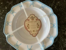 Shabby Chic • Set of 4 Melamine Pasta Bowls; White with Blue Trim