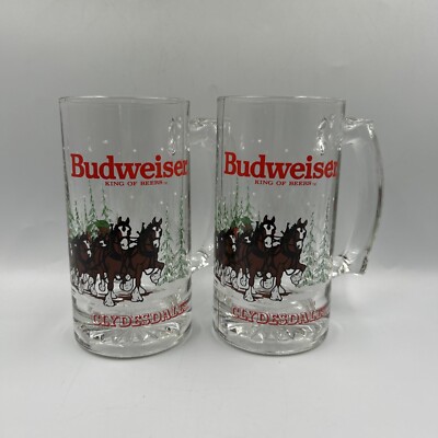 Vintage 1989 Anheuser Busch Budweiser Clydesdales Holiday Glass Beer Mugs 12 oz