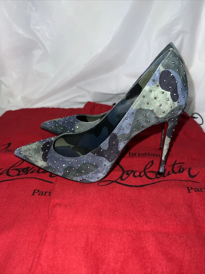Christian Louboutin Kate Plume 100 Camo Blue Green Suede Classic Heel Pump US 7 - Image 4 of 4