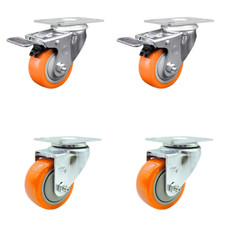 3.5 Inch Orange Poly Wheel Swivel Top Plate Caster Set 2 Total Lock Brake