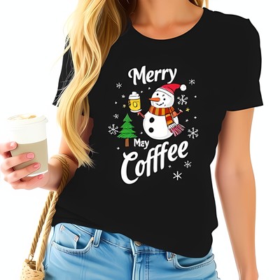 Festive  Cotton Short Sleeve T-Shirt with Cheerful Snowman Coffee Cup-All-cotton