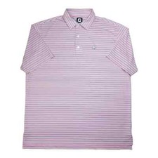 FootJoy FJ Mens XL 3 Button S/S Golf Polo Shirt Pink w/ Black Blue Stripes Leaf