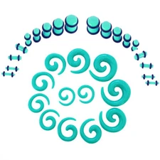 36 Pcs Teal Acrylic Spiral Taper Stretching Kit w/ Plugs and O-Rings (00ga-14ga)