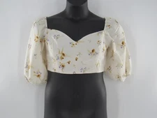 Women H&M Ivory Purple Floral Sweetheart Neck Balloon Short Sleeve Top Blouse XL