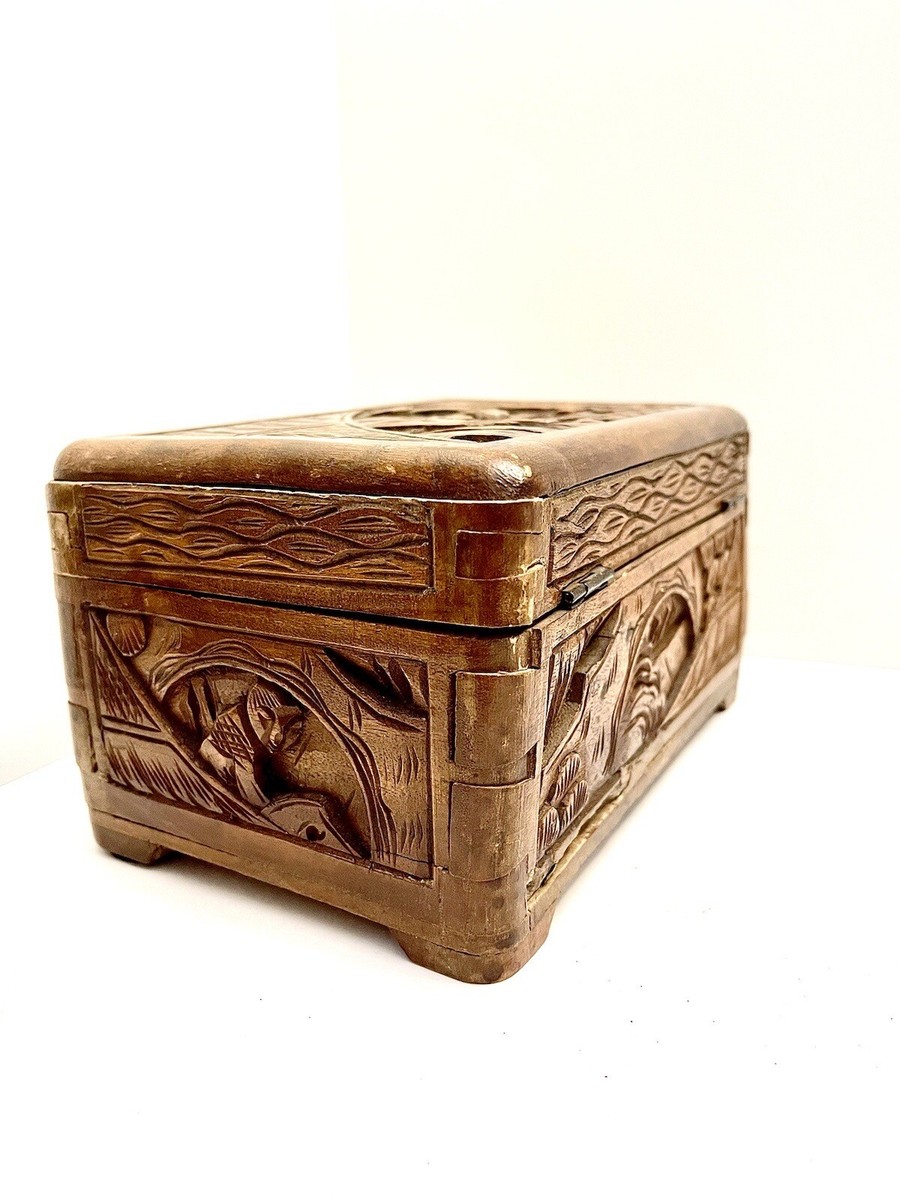 Antique Camphor Wood Wooden Box Chest Carved Folk Art Harvest Old