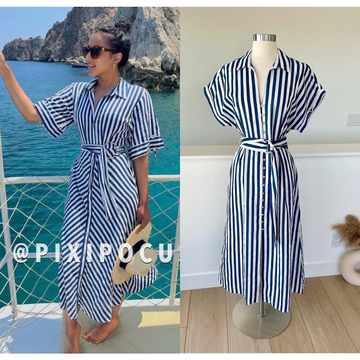 ZARA STRIPED LINEN BLEND BELTED MIDI SHIRT DRESS BLUE