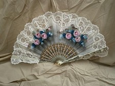 Pretty Spanish style floral folding fan with lace edging (ref: Audrey Pink/Blue)
