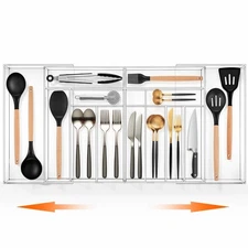 Large Clear Expandable Silverware Drawer Organizer, Acrylic Adjustable 21.4 t...