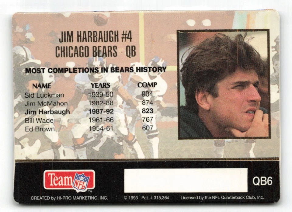 1993 Action Packed #QB6 Jim Harbaugh Quarterback Club Chicago Bears - Image 2 of 2