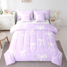 Ribbon Bow 7 Piece Bedding Set Purple White Stripe for Full White and Purple
