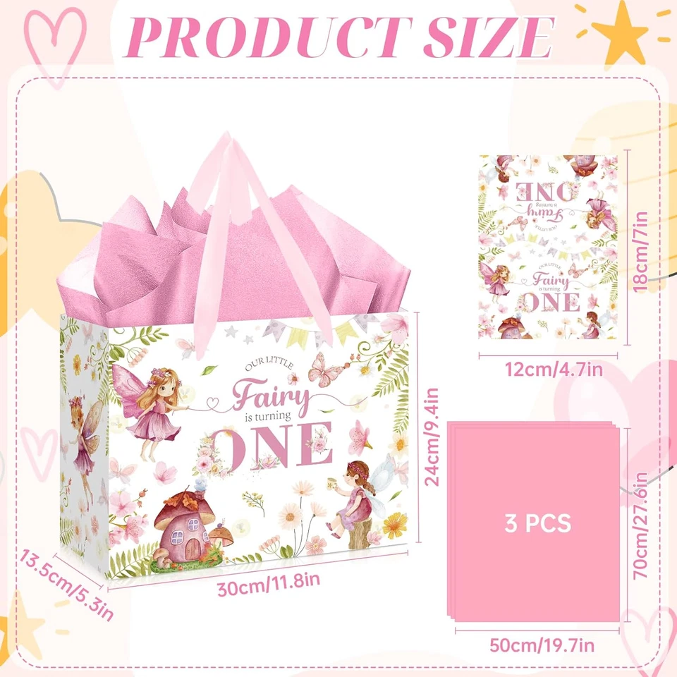 Bolsa de regalo de cumpleaños de hadas 1er - Nuestra pequeña hada se está convirtiendo en uno con tarjeta y Tiss Foto 4 de 4