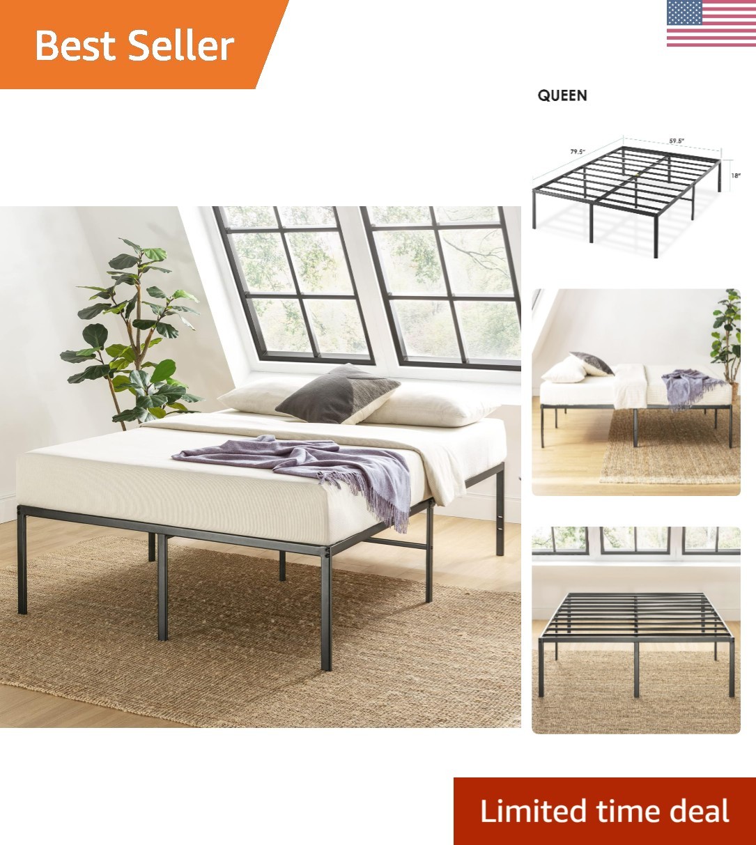 Queen Metal Wood Black 18 Inch Bed Frame