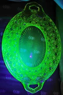 3 Pieces of Vaseline Uranium Glass Yellow Platter Top Hat Beaded Block Plate