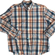 Chaps Easy Care Shirt Blue Orange Gray Plaid Relaxed Fit Oxford XL Fall Clean