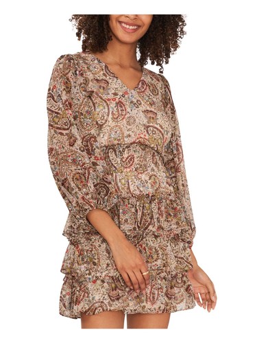 VINCE CAMUTO Womens Beige Skirt Lined 3/4 Sleeve V Neck Mini Fit + Flare Dress S