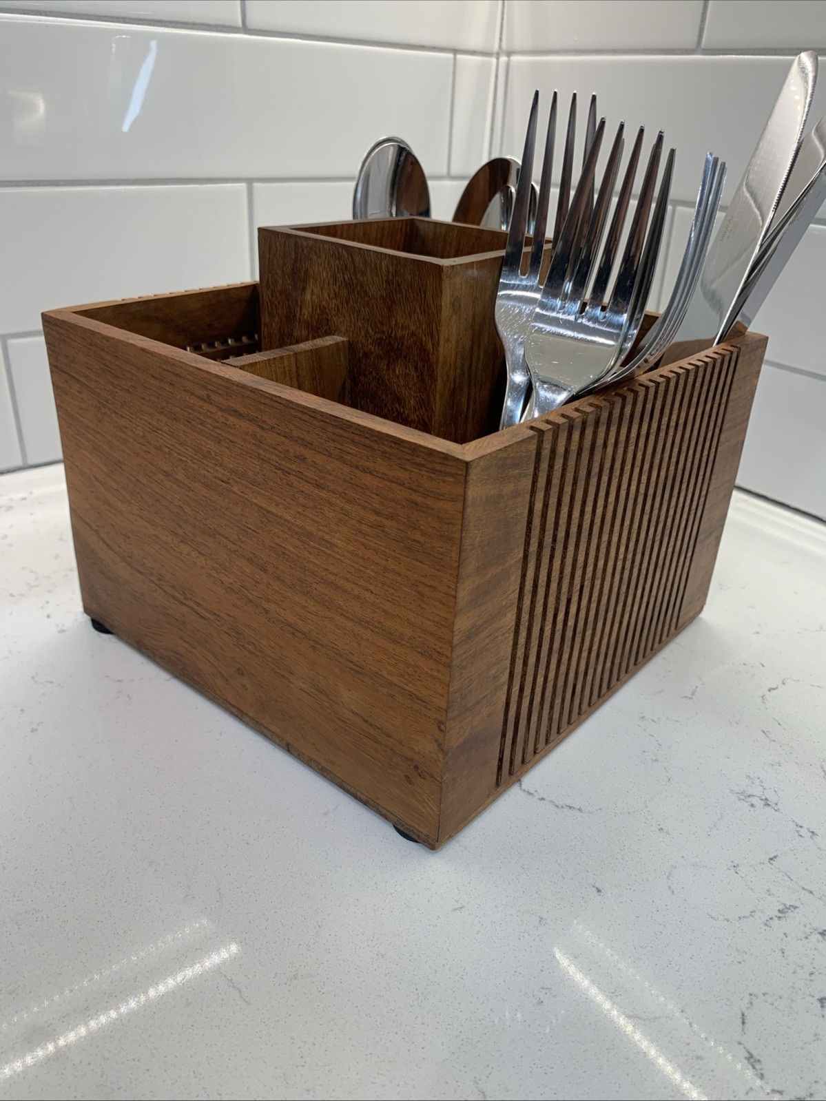 Elegant Wooden Utensil Holder /Caddy.  Slatted Wooden Design With 5 Compartments