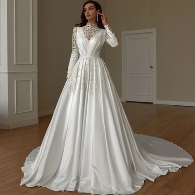 White Satin Wedding Dresses High Neck Long Sleeves Applique Court Train A  Line | eBay