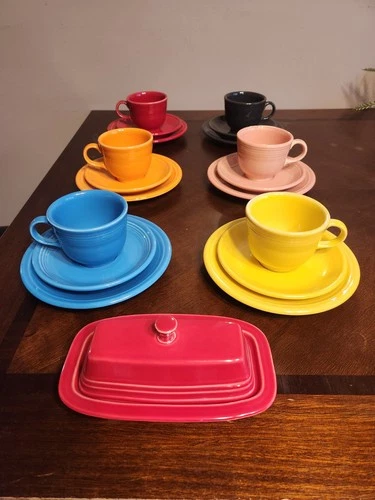 Fiestaware Coffee Cup Saucer And Cookie Plate. Set Of 6 Plus Butter Tray