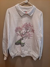 Vtg 90s Pink Bonsai Tree Morning Sun Collard Crewneck Cottage Core Sweatshirt XL