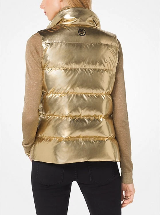 WOMEN'S MICHAEL MICHAEL KORS METALLIC GOLD SLEEVELESS PUFFER VEST FULL ZIP XS - Image 2 of 4