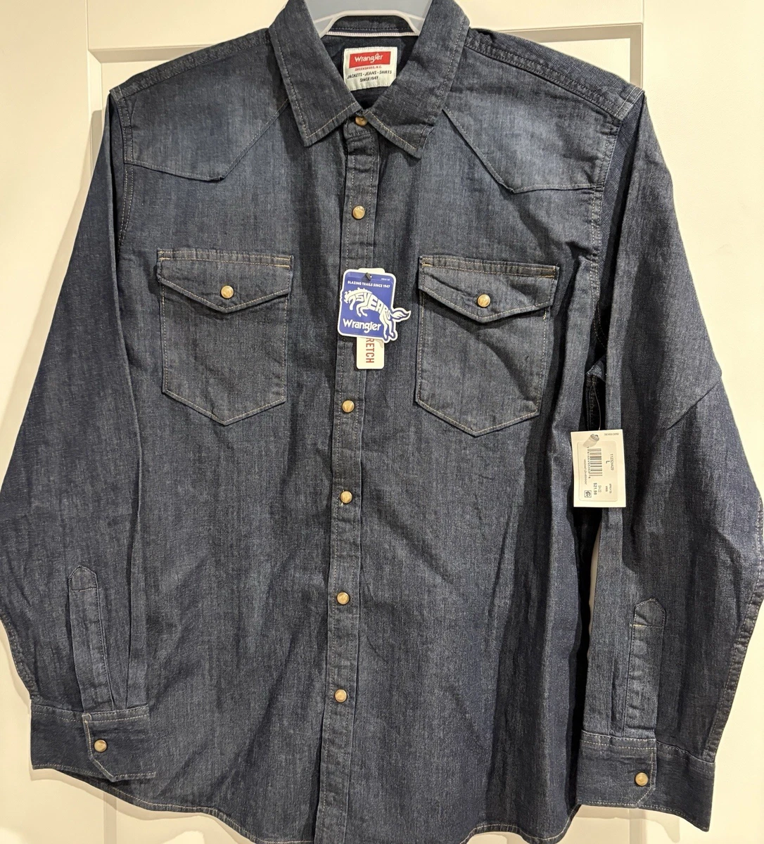 Chemise Vintage Wrangler Chambray Color Block - Taille L, Manches Longues, Style Western - Occasion Très Bon état