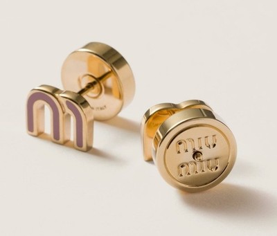 Miu Miu Enamel Metal Logo Stud Earrings In Pink Orchid Made In Italy