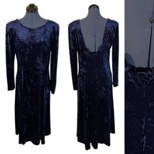 Vtg Molly Malloy Blue Velvet 3D Floral Scoop Back Maxi Dress 90s Party XMAS 12