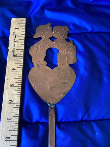 Primitive 15.75" Long Decorative Copper Spoon with Kissing Couple & Heart - Used - Picture 3 of 5