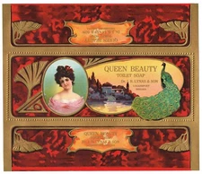GENUINE VINTAGE C1910 SOAP BOX LABEL QUEEN BEAUTY PEACOCK ART NOUVEAU INDIANA 