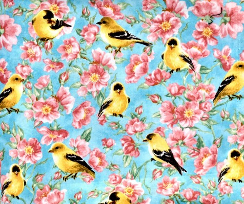 Cherry Blossom Birds Fabric,Blue Sky,Yellow Birds on Pink Blossoms,Cotton,44x36"