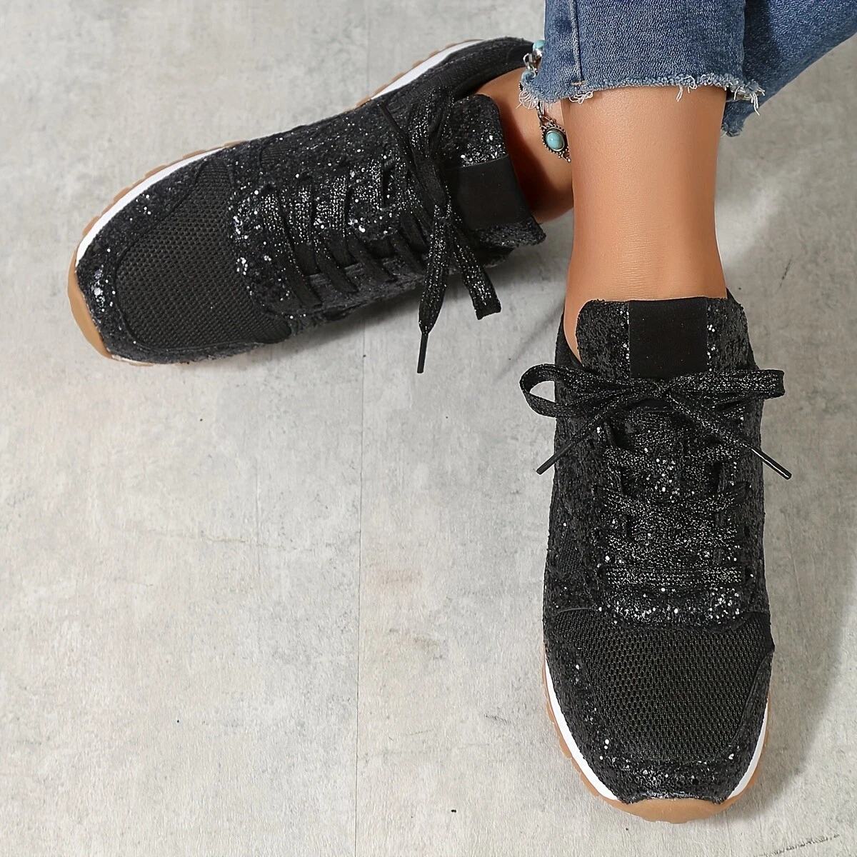 Women s Solid Color Casual Sneakers Lace Up Sequins Pattern Comfy Trainers